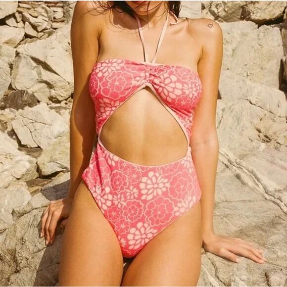 Urban Outfitters Out From Under Blossom Terry Cloth One Piece Swimsuit Pink - Picture 9 of 15